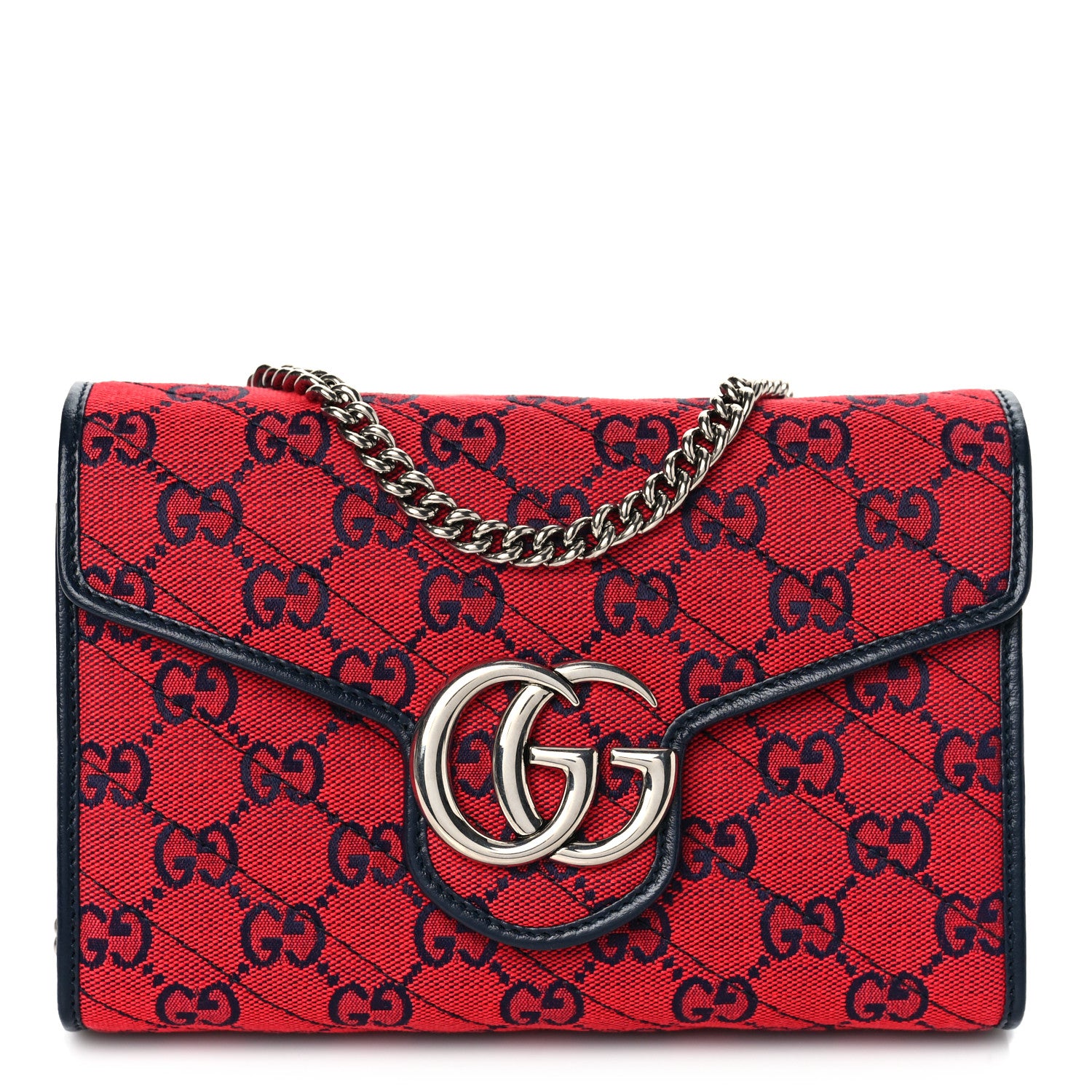Gucci Monogram Multicolor Matelasse Diagonal GG Marmont Chain Wallet Red Blue 1 of 8
