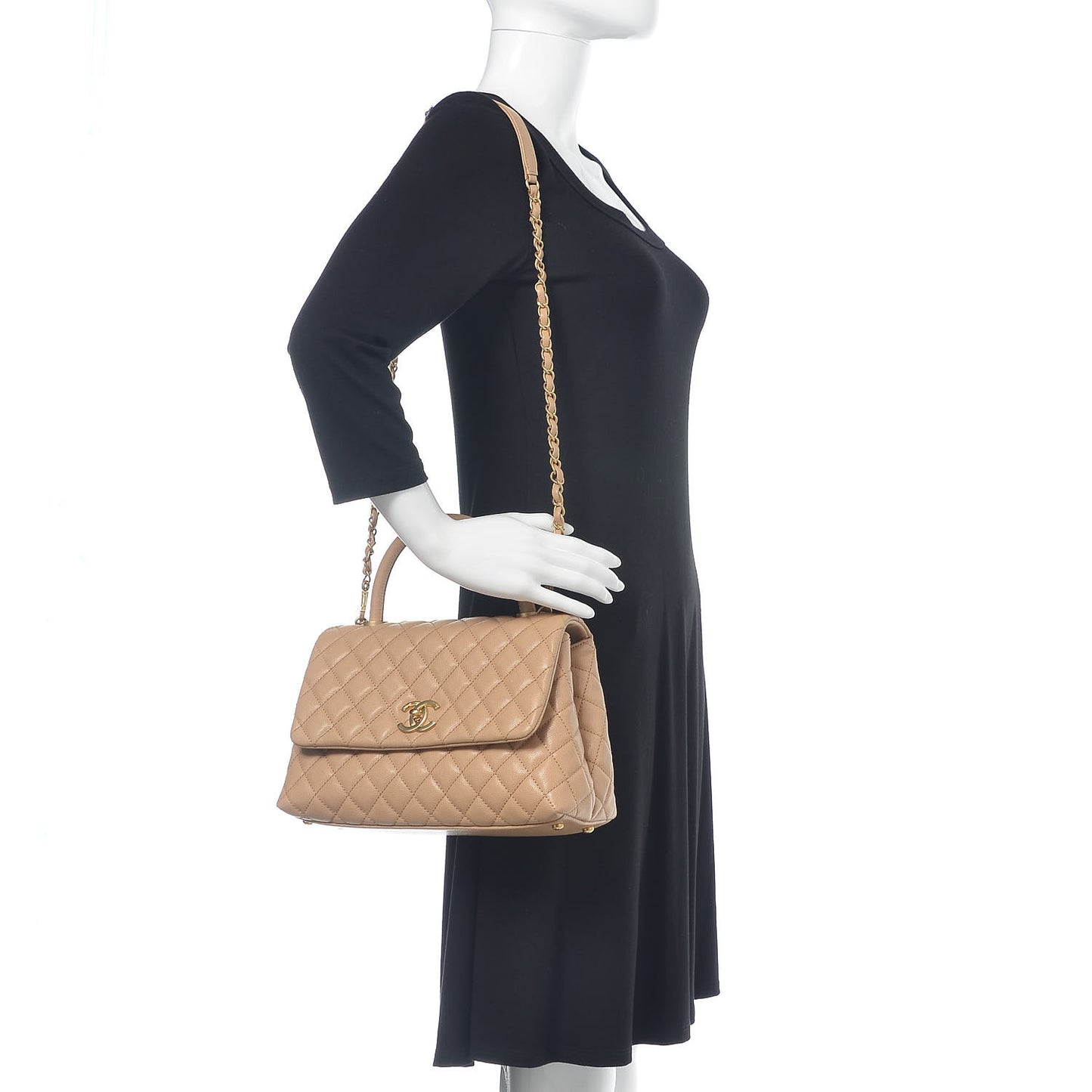 Caviar Quilted Small Coco Handle Flap Beige