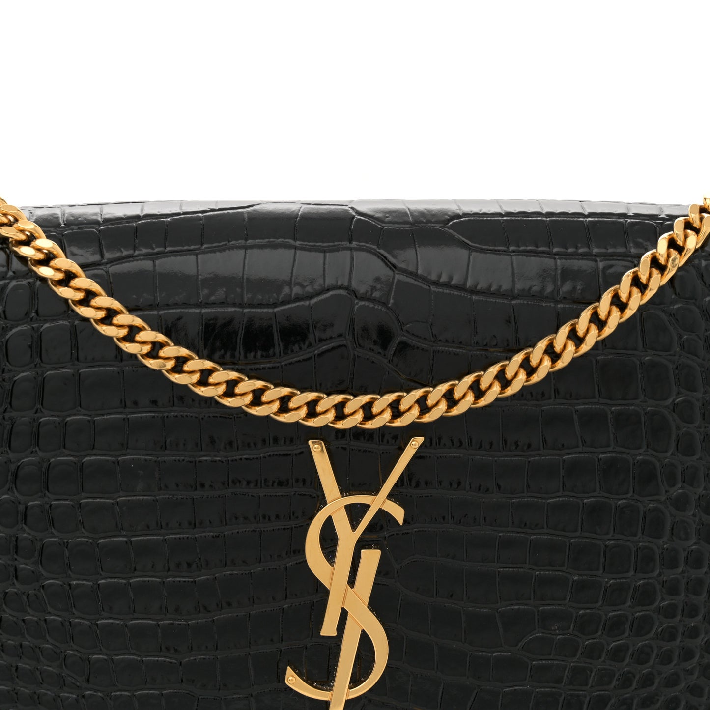 Calfskin Crocodile Embossed Medium Classic Monogram Kate Tassel Satchel Black