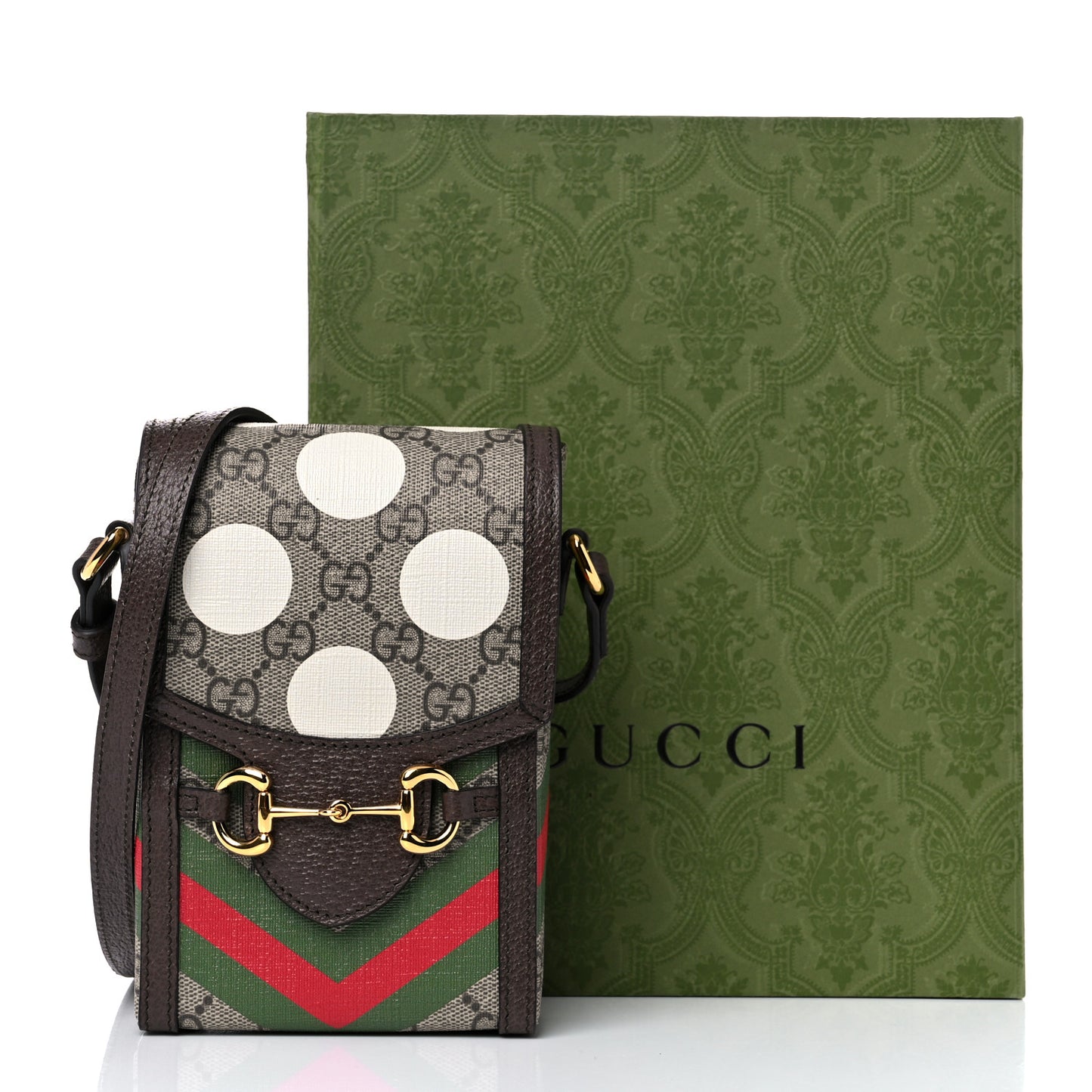 GG Supreme Monogram Textured Dollar Calfskin Geometric Print Mini Horsebit 1955 Crossbody Bag Beige Multicolor New Acero
