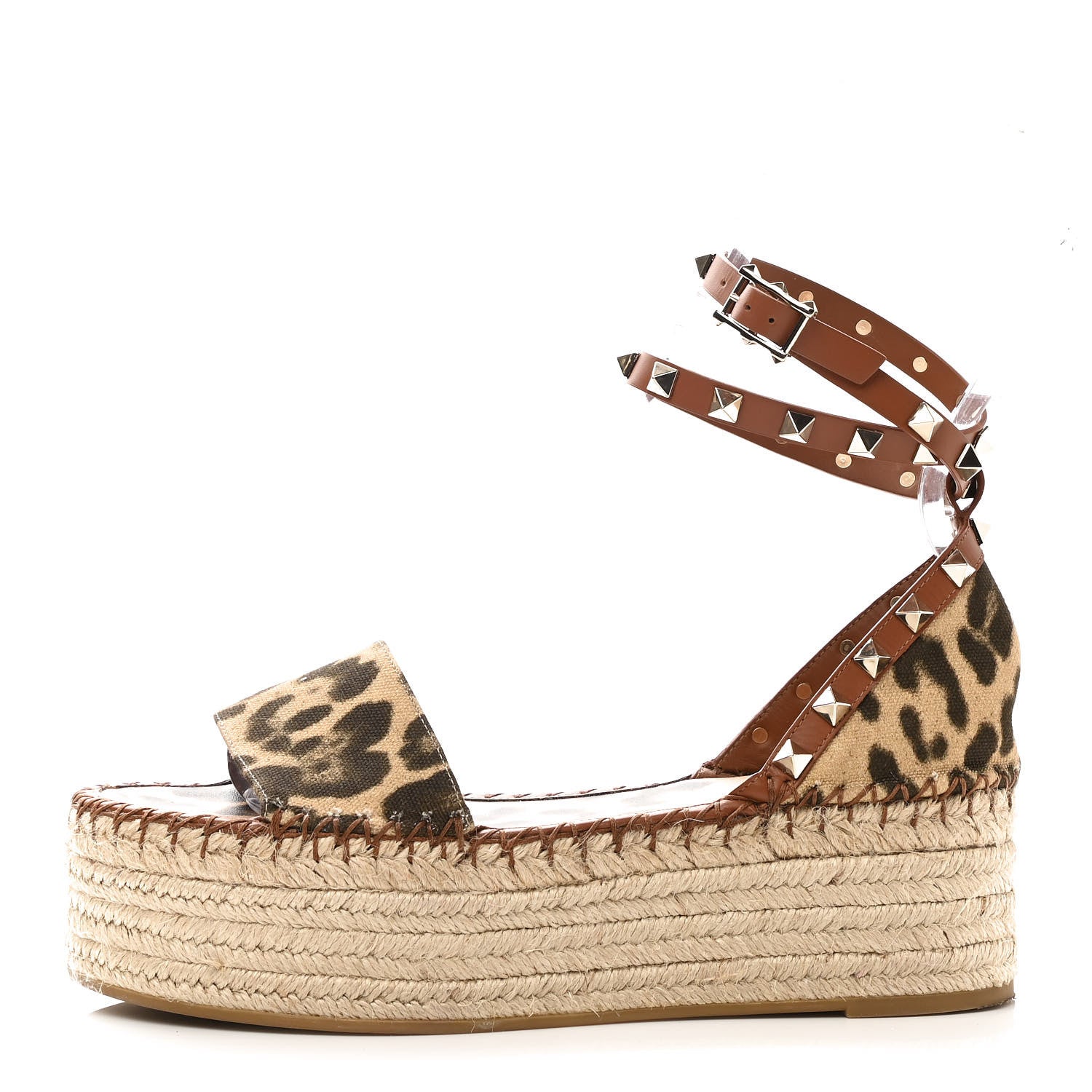 Valentino Garavani Canvas Leopard Print Rockstud Ankle Wrap Espadrille Flatform Sandals 37 Brown 1 of 11