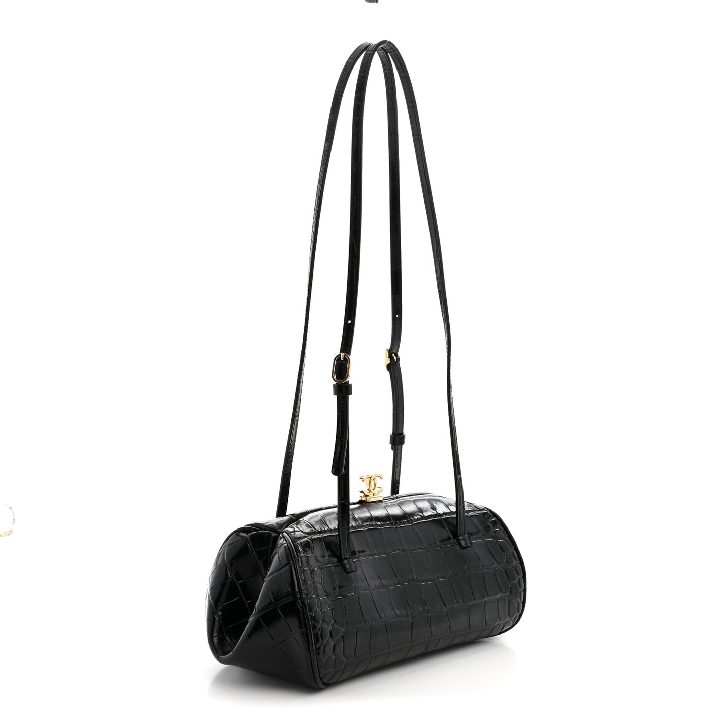 Calfskin Crocodile Embossed Pretty CC Clutch With Strap Black
