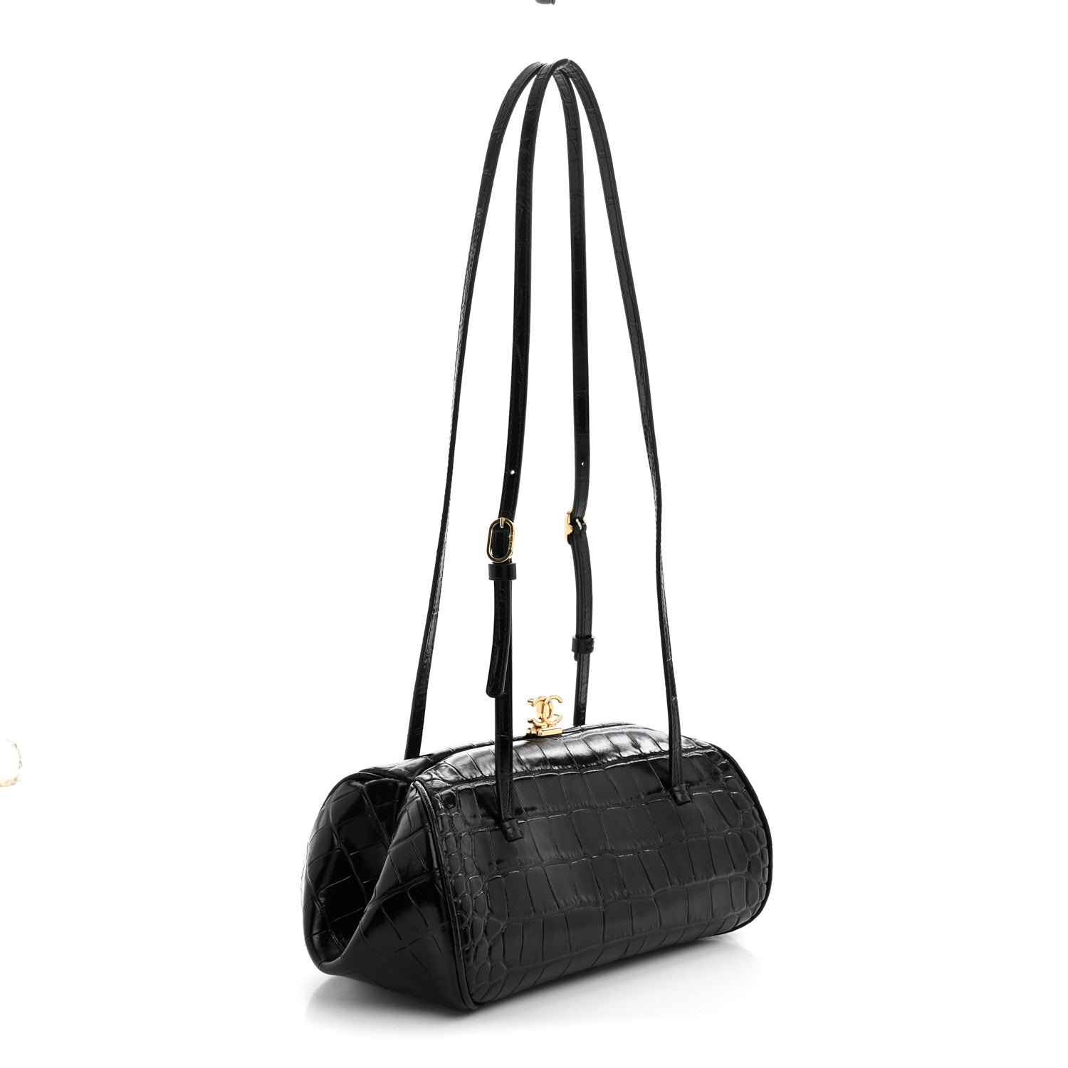 Chanel Calfskin Crocodile Embossed Pretty CC Clutch With Strap Black 3 of 11