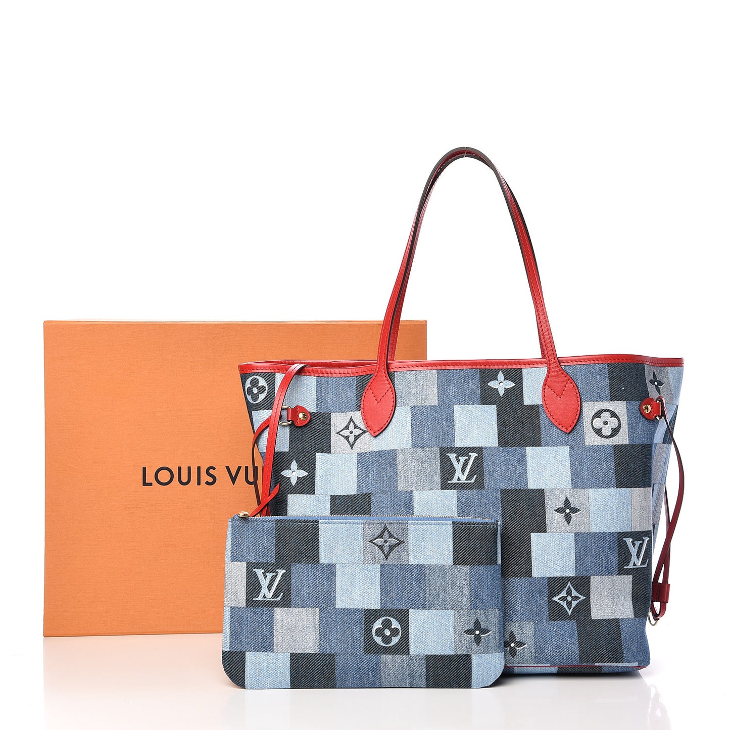 Denim Damier Monogram Patchwork Neverfull Blue Rouge
