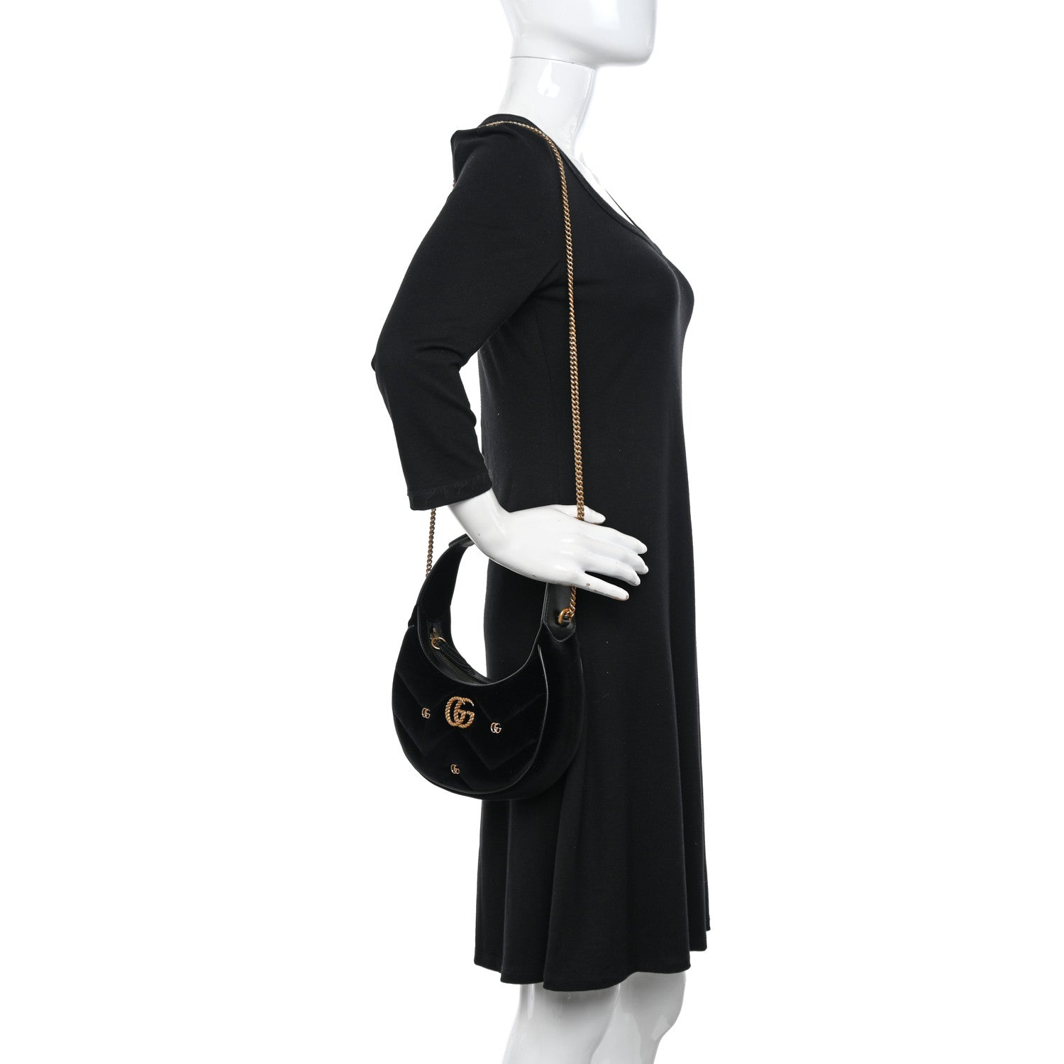 Gucci Velvet Matelasse Double G Studs Torchon GG Marmont Half Moon Hobo Black 2 of 10