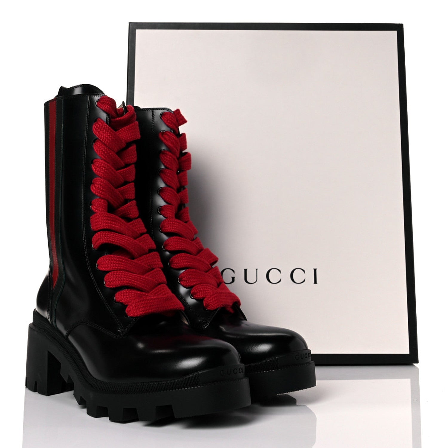 Gucci Magnum Calfskin Cirano Lux Web Lace Up Tall Combat Boots 41.5 Black Verde Hibiscus Red 7 of 8
