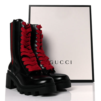 Gucci Magnum Calfskin Cirano Lux Web Lace Up Tall Combat Boots 41.5 Black Verde Hibiscus Red 7 of 8