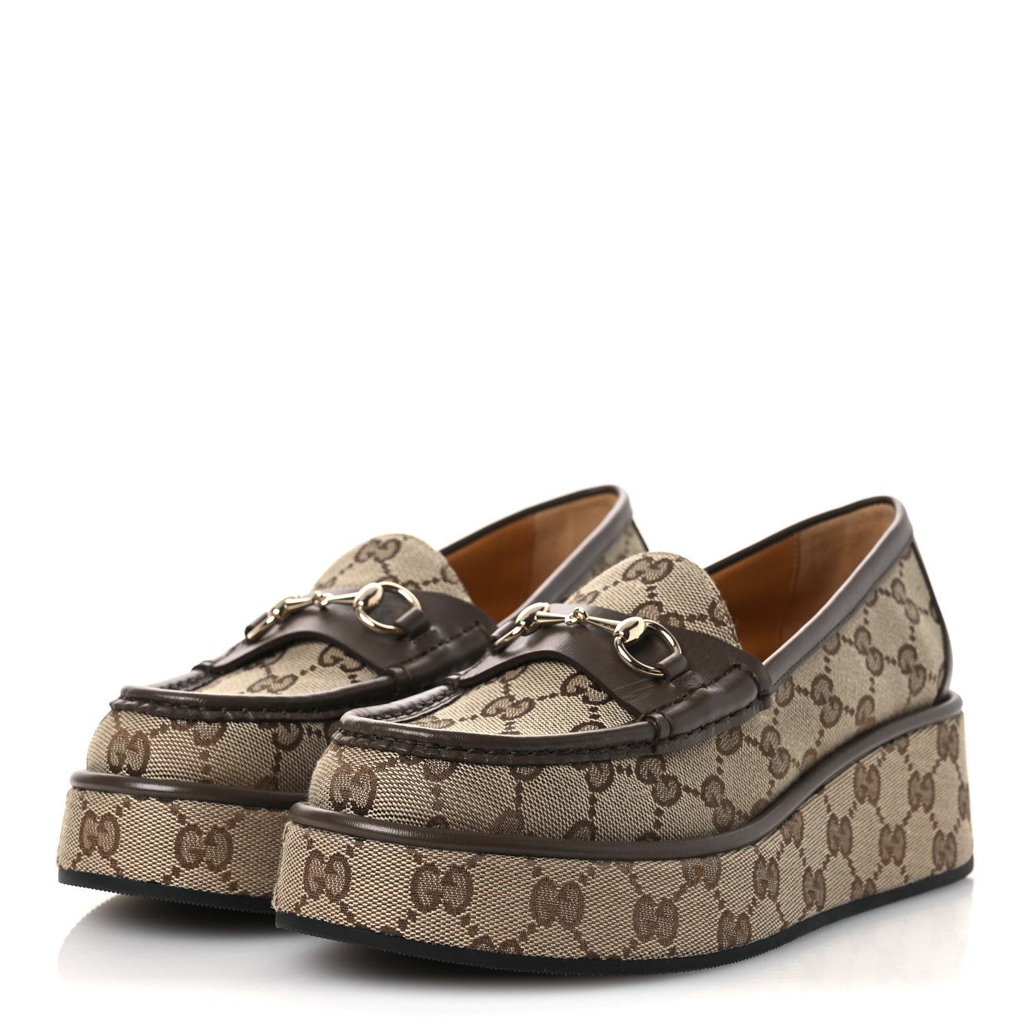 Gucci Monogram Horsebit Calfskin Womens Horsebit Wedge Platform Loafers 37 Beige Ebony 4 of 11