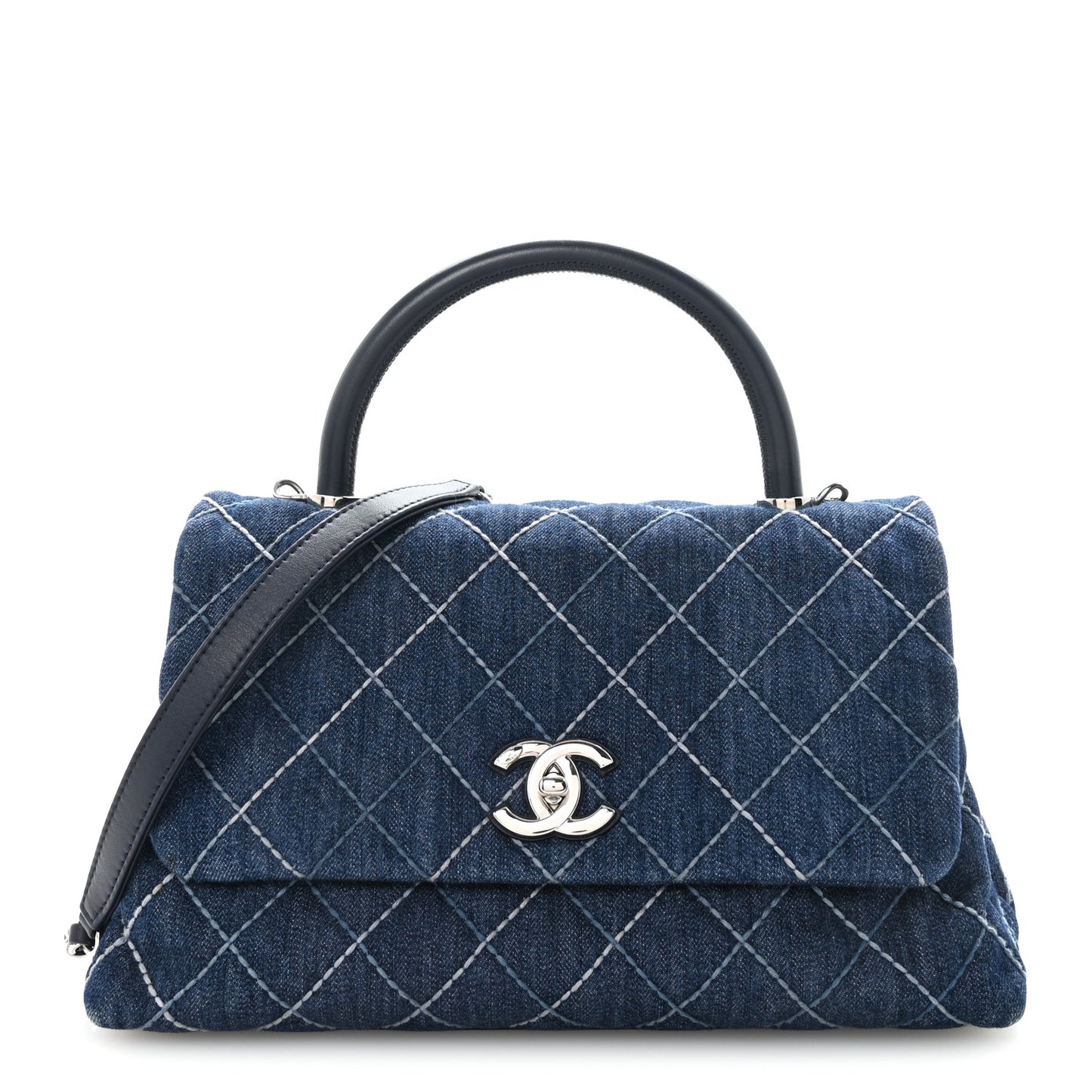Denim Quilted Small Coco Handle Flap Blue