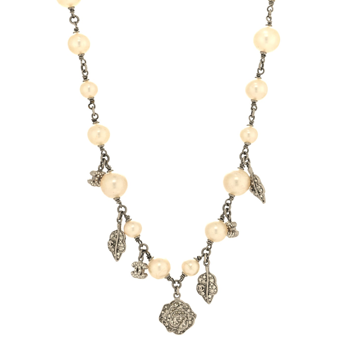 Crystal Pearl CC Camellia Charm Short Necklace Silver