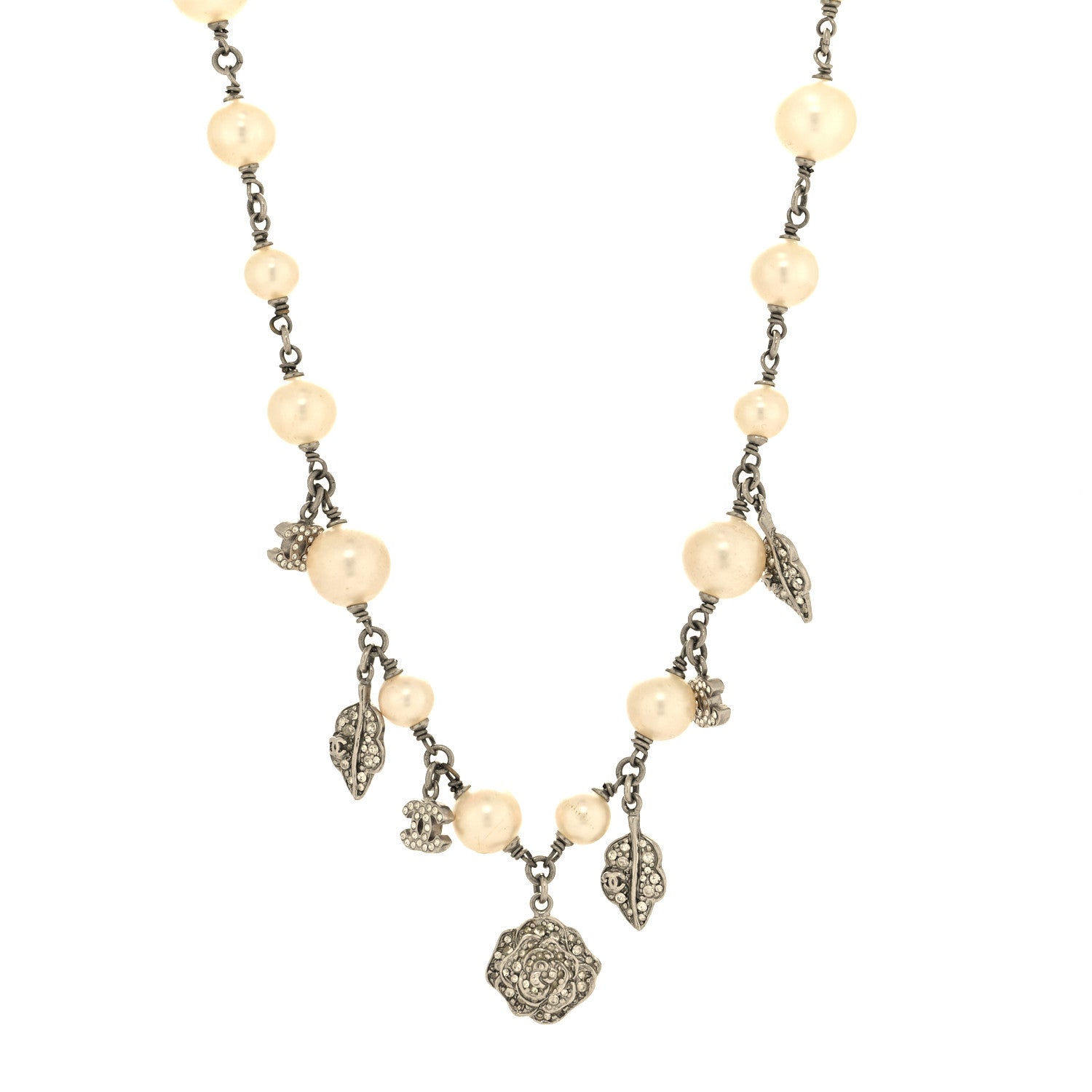 Chanel Crystal Pearl CC Camellia Charm Short Necklace Silver 1 of 5