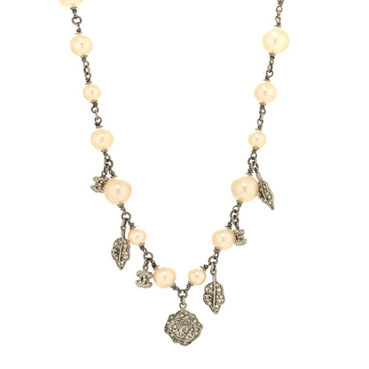 Chanel Crystal Pearl CC Camellia Charm Short Necklace Silver 1 of 5