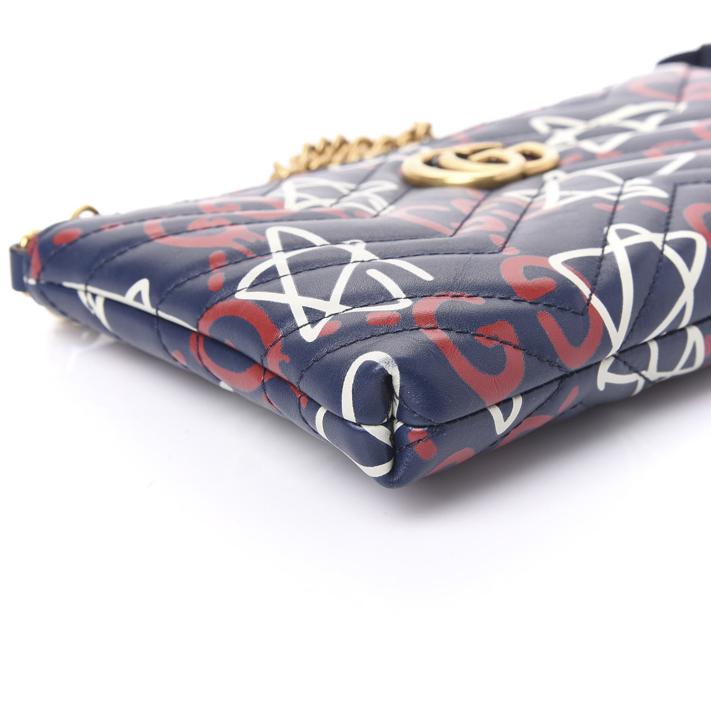 Calfskin Matelasse GucciGhost Mini GG Marmont Chain Bag Blue Agata Hibiscus Red