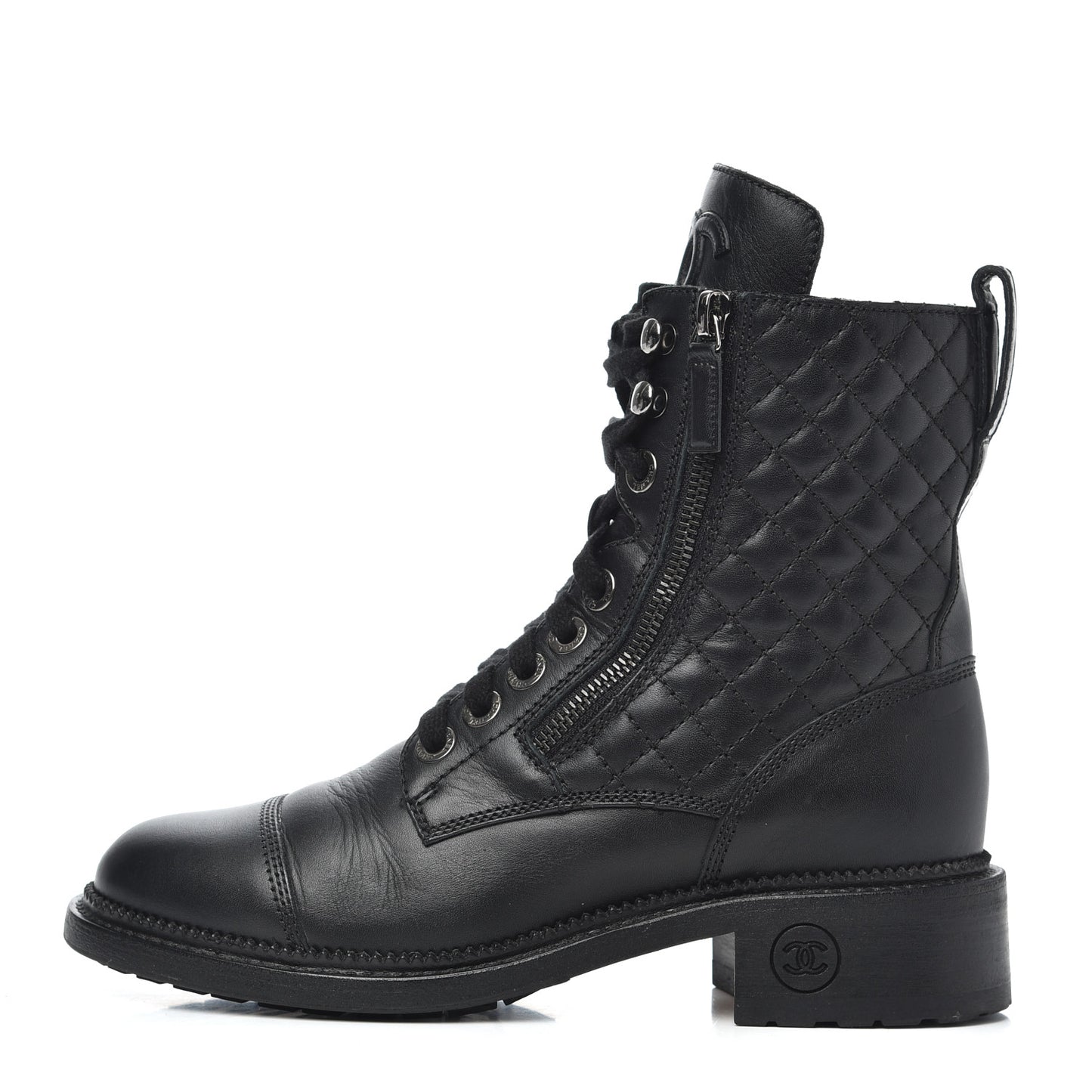 Calfskin Quilted Lace Up Combat Boots 37 Black