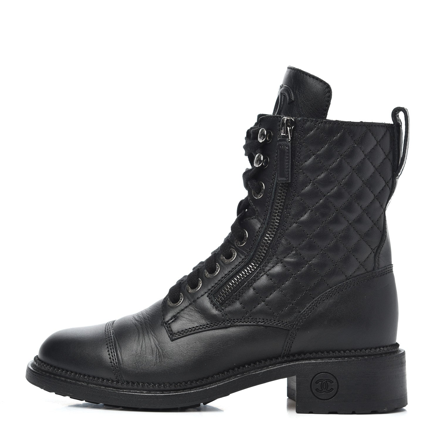 Chanel Calfskin Quilted Lace Up Combat Boots 37 Black 1 of 26