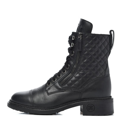 Chanel Calfskin Quilted Lace Up Combat Boots 37 Black 1 of 26