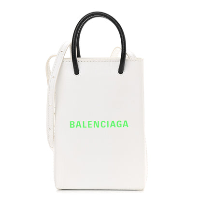 Balenciaga Squared Calfskin Logo Shopping Phone Holder Bag White Light Green 1 of 9