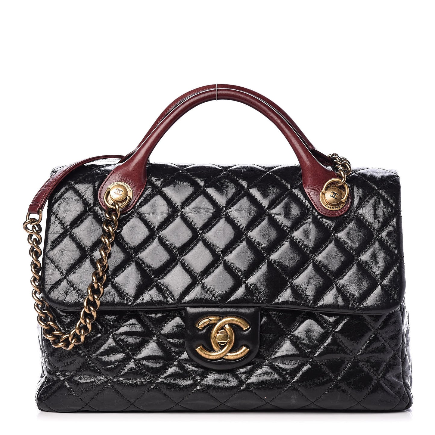Glazed Calfskin Castle Rock Large Flap Black Burgundy