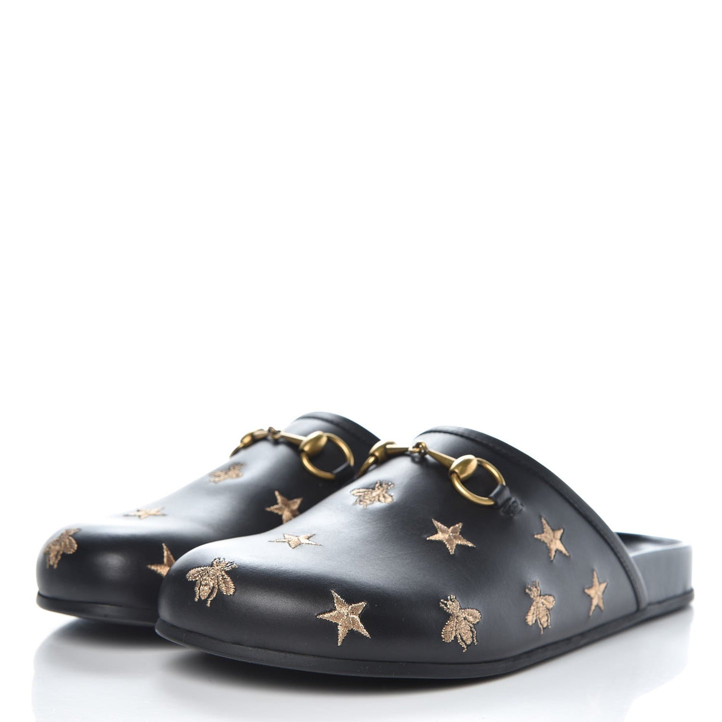 Calfskin Bee Star Embroidered Mens Horsebit River Slippers 9 Black