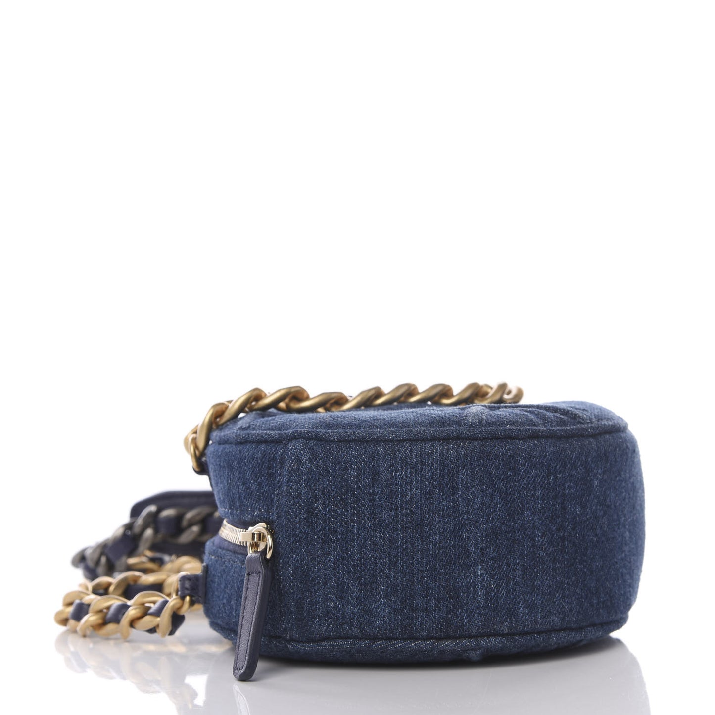 Denim Quilted Chanel 19 Round Clutch With Chain Blue