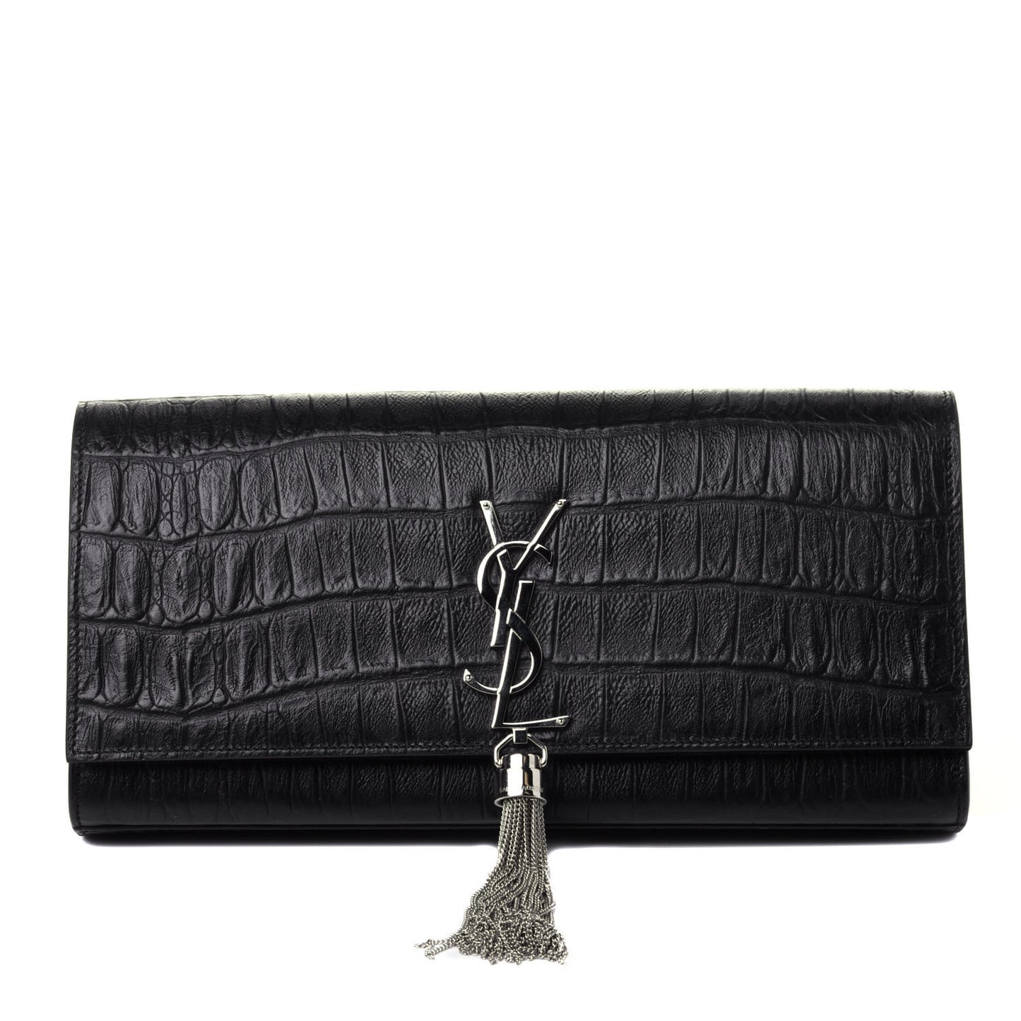 Calfskin Crocodile Embossed Classic Monogram Tassel Clutch Black