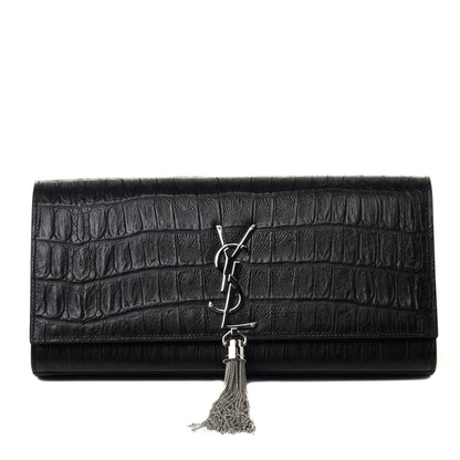 Saint Laurent Calfskin Crocodile Embossed Classic Monogram Tassel Clutch Black 1 of 4
