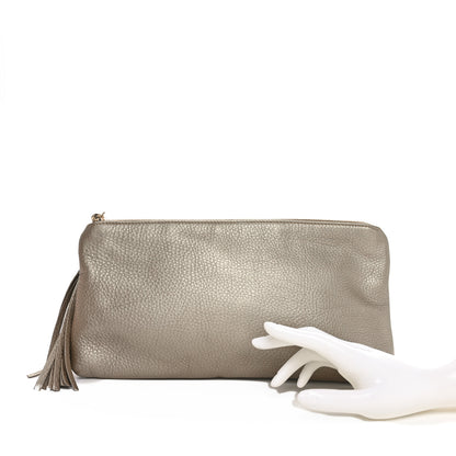 Gucci Metallic Pebbled Calfskin Tassel Clutch Pewter 2 of 10