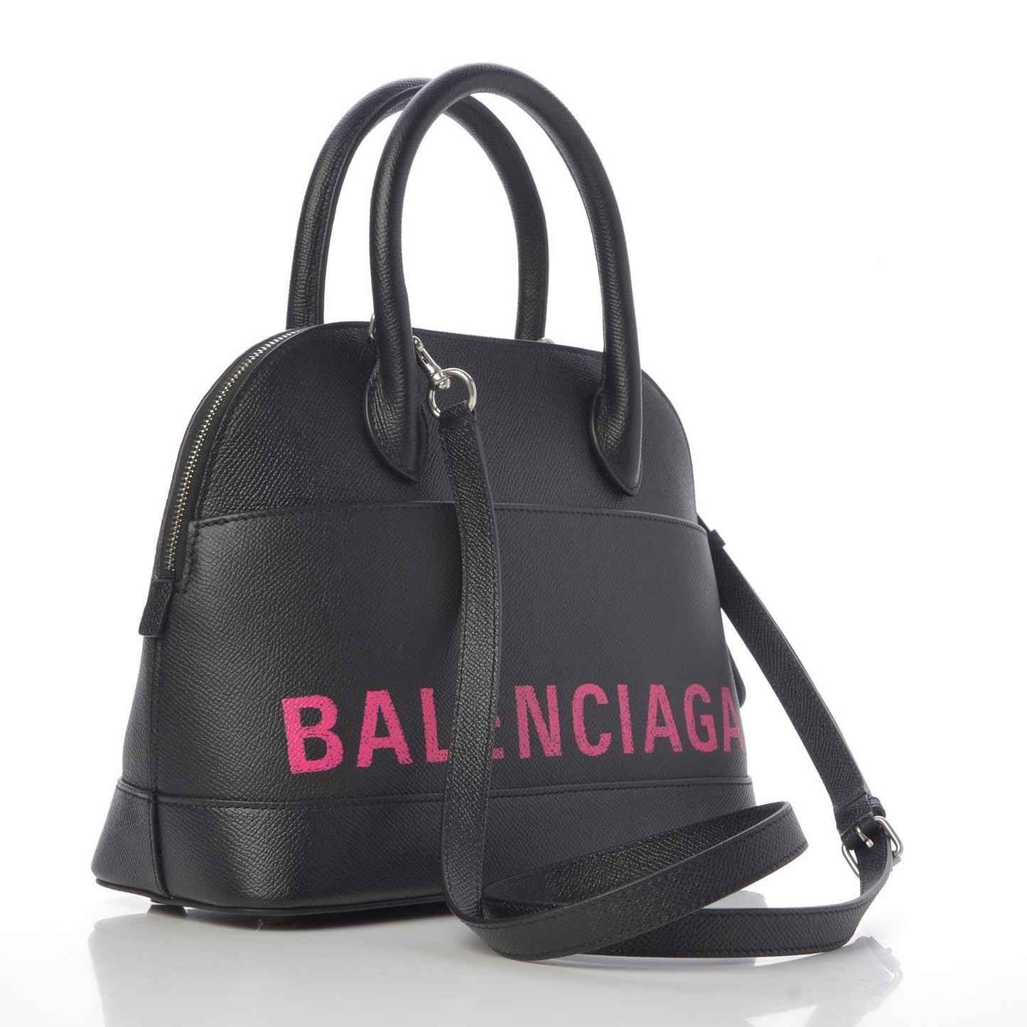 Signature Grained Calfskin Logo S Ville Top Handle Bag Black Rose Shocking