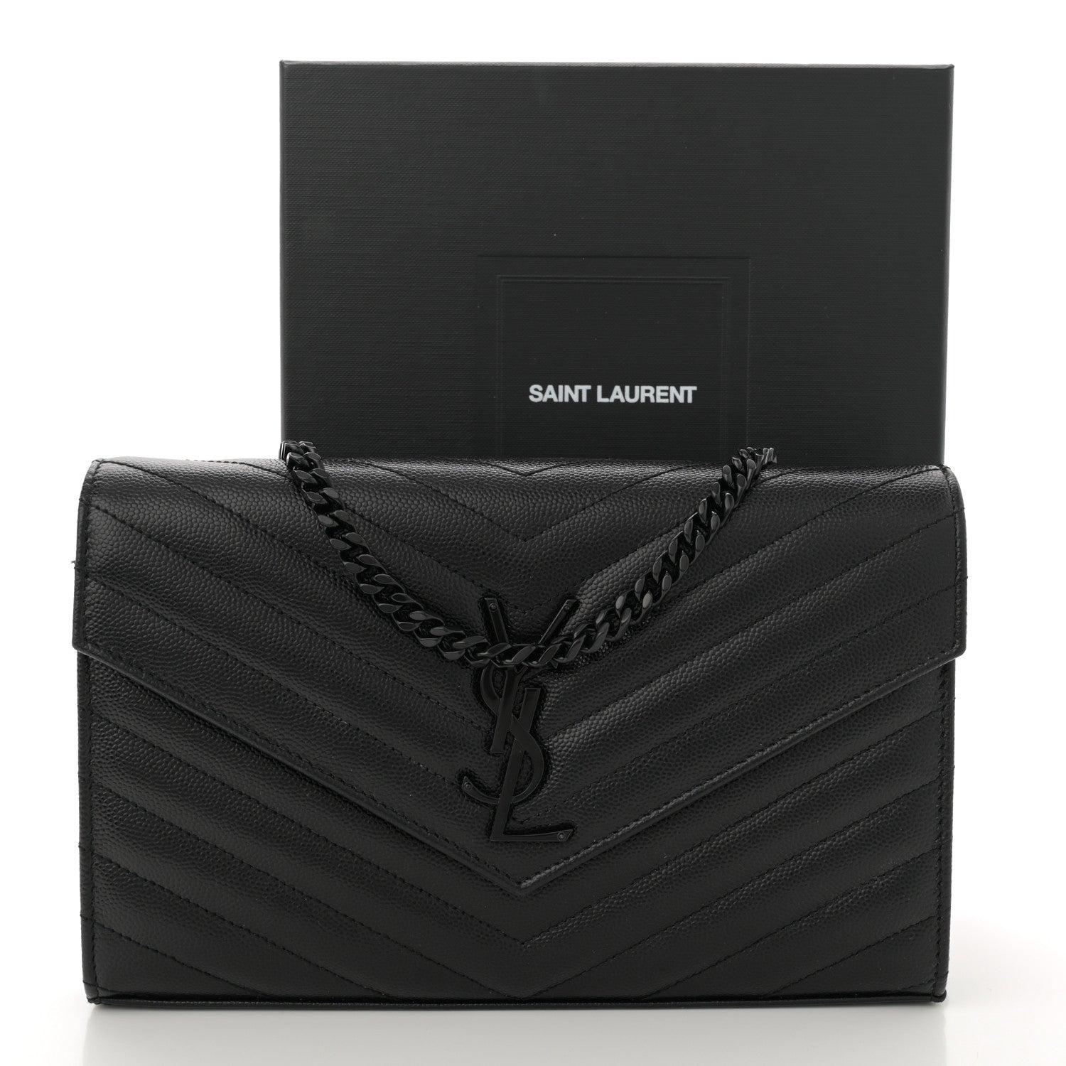 Saint Laurent Grain De Poudre Matelasse Chevron Monogram Monochrome Chain Wallet Black 13 of 13