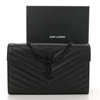 Saint Laurent Grain De Poudre Matelasse Chevron Monogram Monochrome Chain Wallet Black 13 of 13