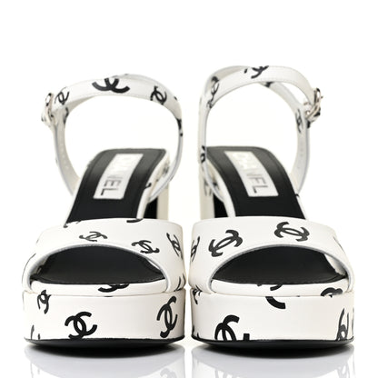 Chanel Printed Lambskin Coco Beach Platform Sandals 38 White Black 2 of 8