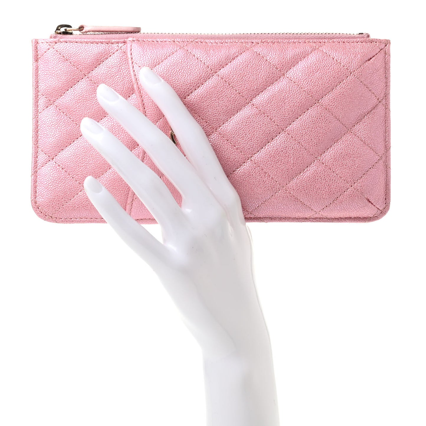 Iridescent Caviar Quilted Classic Flat Wallet Pouch Pink