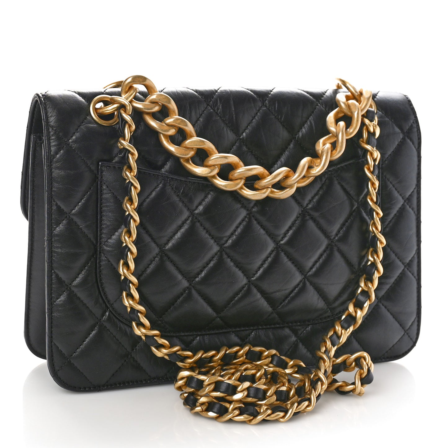 Aged Calfskin Quilted Large Double You Flap Black