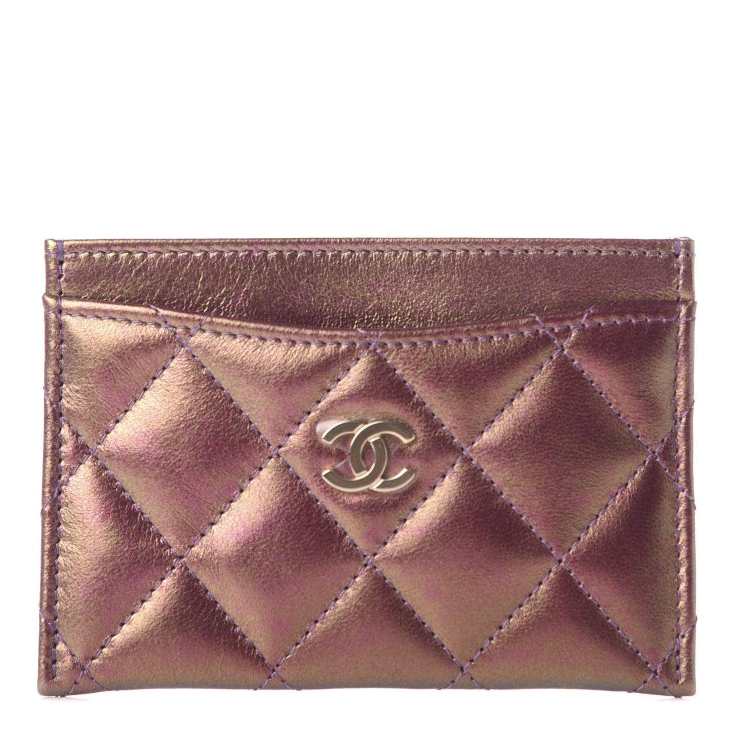 Iridescent Lambskin Quilted Card Holder Purple
