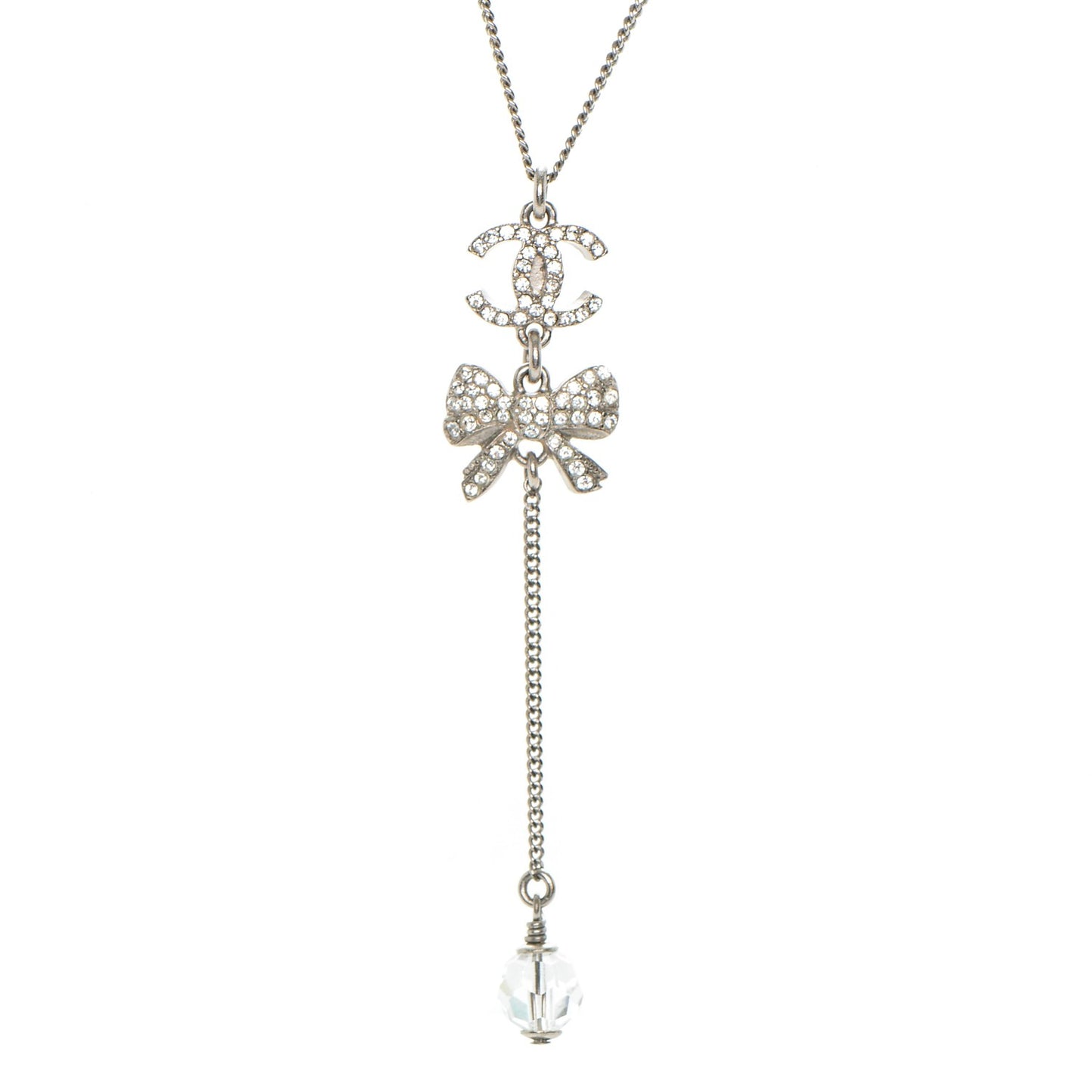 Crystal CC Bow Drop Necklace Silver