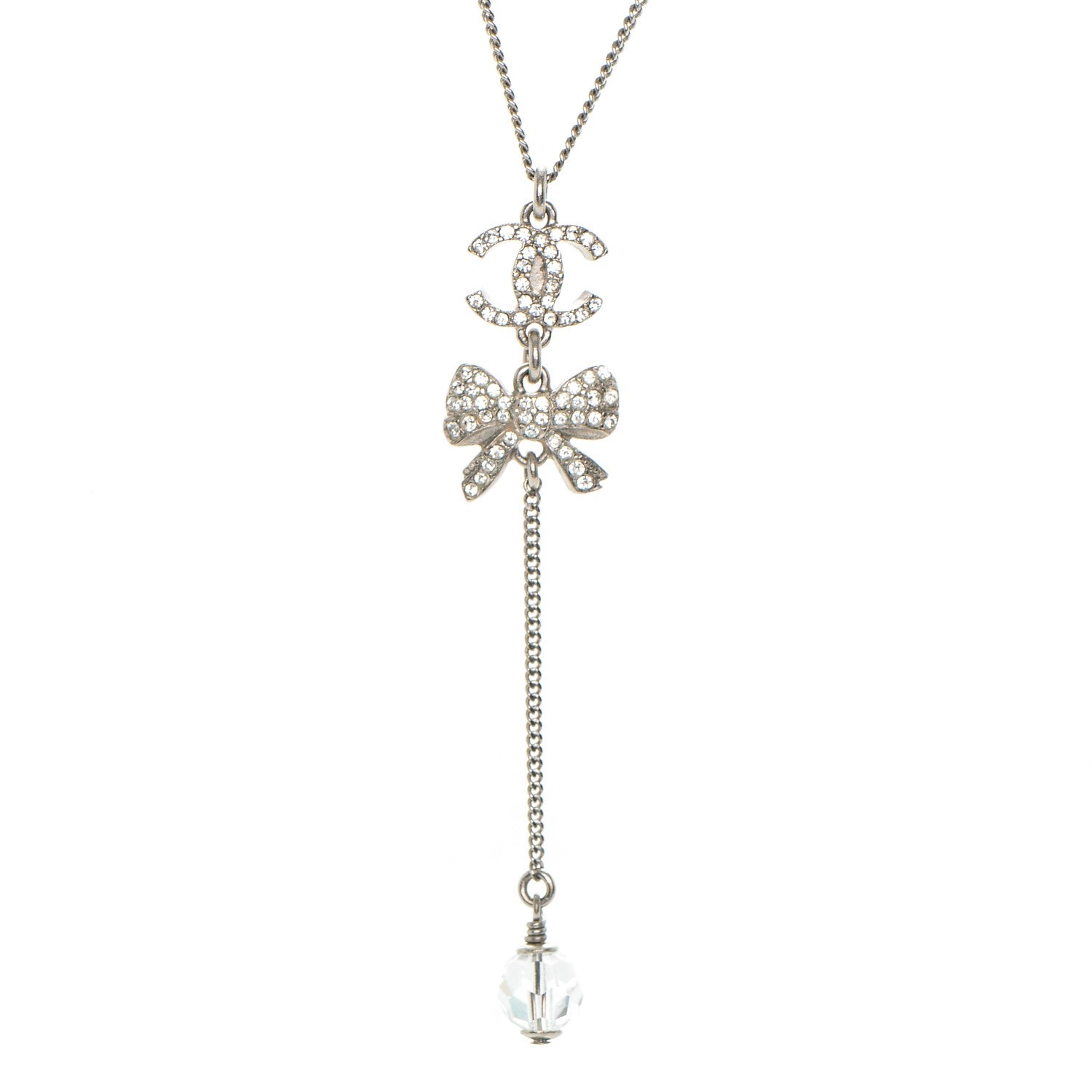 Chanel Crystal CC Bow Drop Necklace Silver 3 of 6