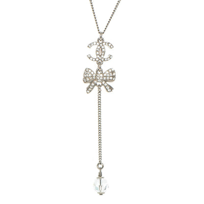 Chanel Crystal CC Bow Drop Necklace Silver 3 of 6