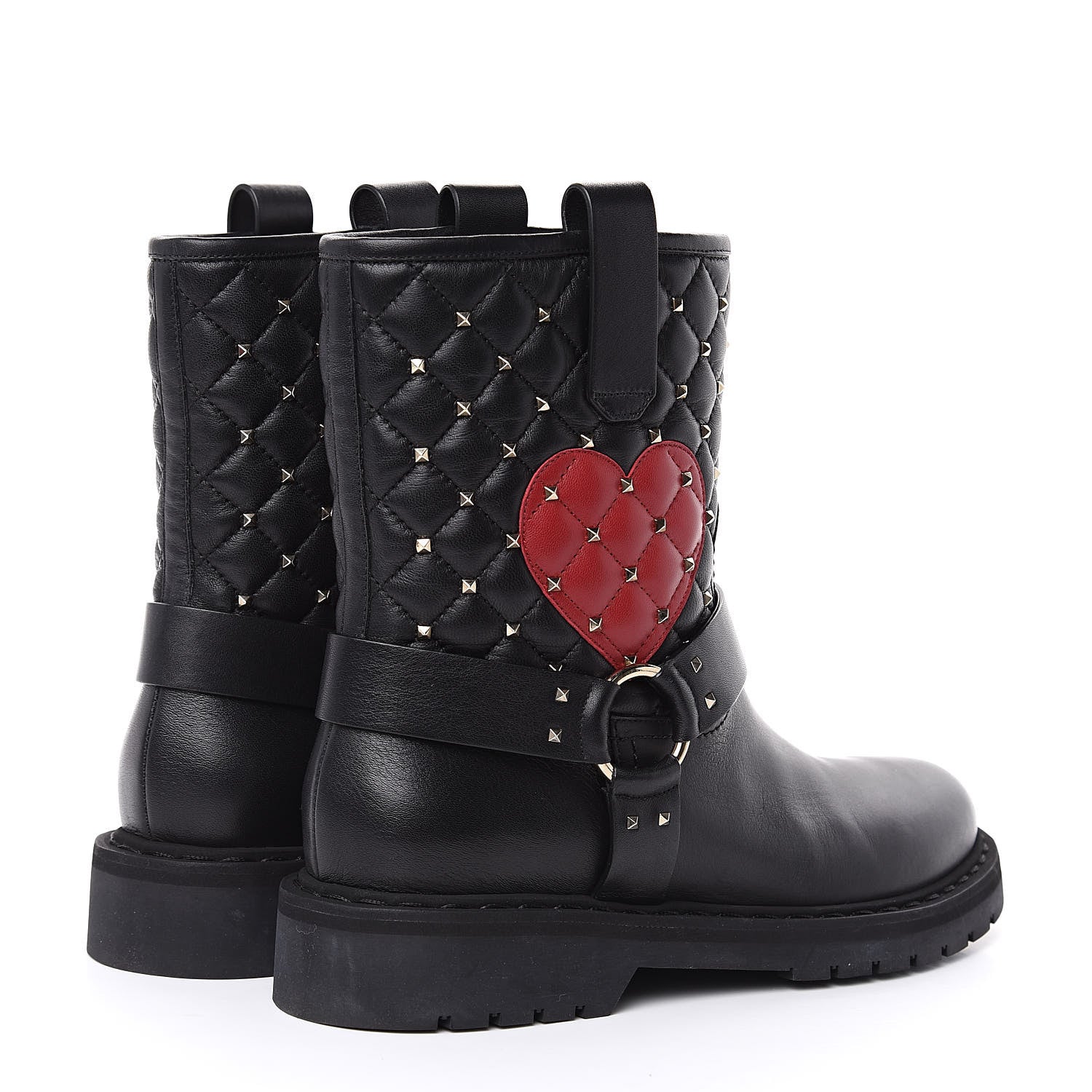 Valentino Garavani Calfskin Nappa Heart Rockstud Spike Biker Boots 38 Black 4 of 9
