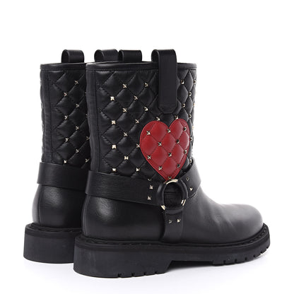 Valentino Garavani Calfskin Nappa Heart Rockstud Spike Biker Boots 38 Black 4 of 9