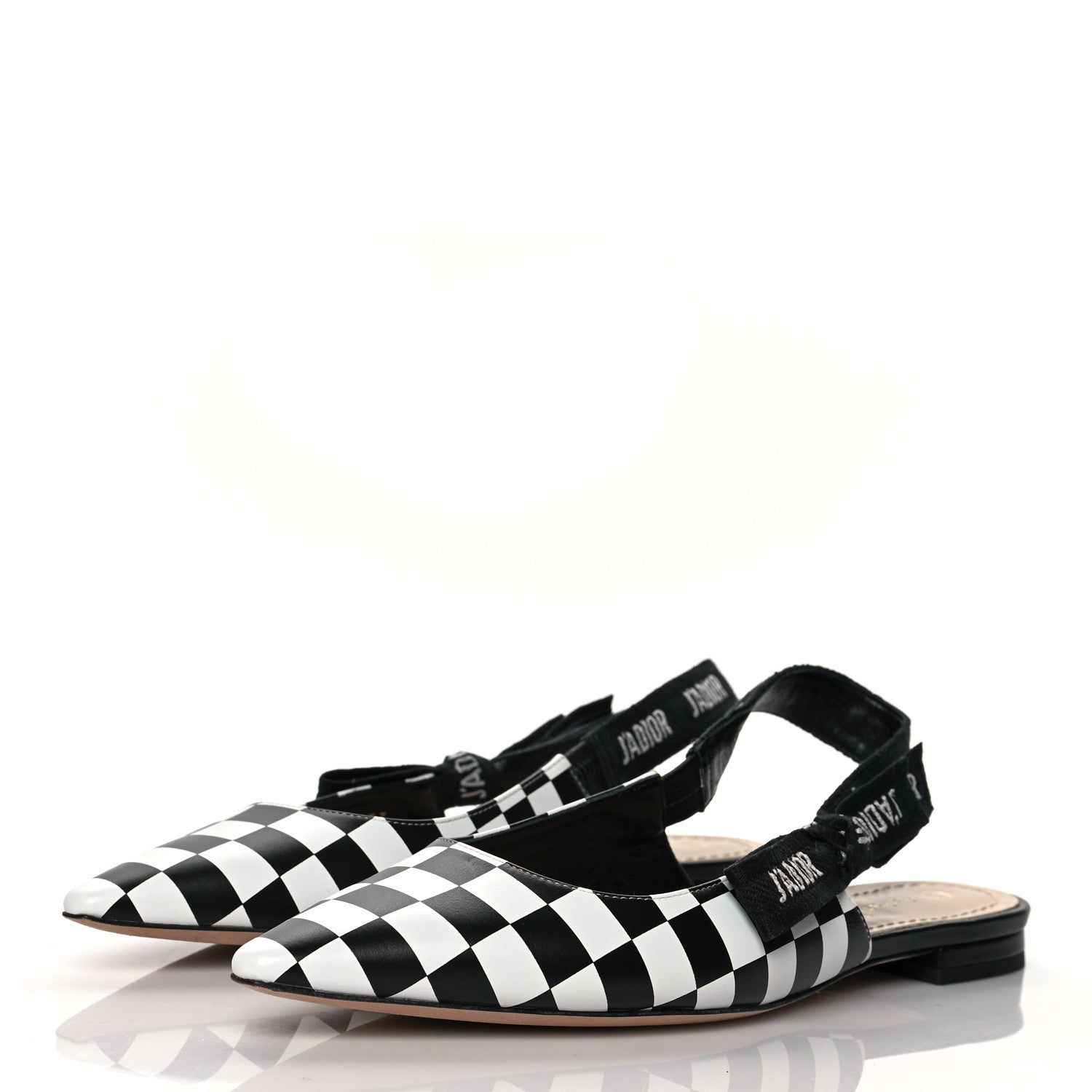 Christian Dior Calfskin Ribbon Checker Print J'Adior Slingback Ballet Flats 37 Black White 3 of 8