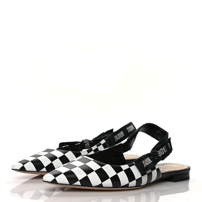 Christian Dior Calfskin Ribbon Checker Print J'Adior Slingback Ballet Flats 37 Black White 3 of 8