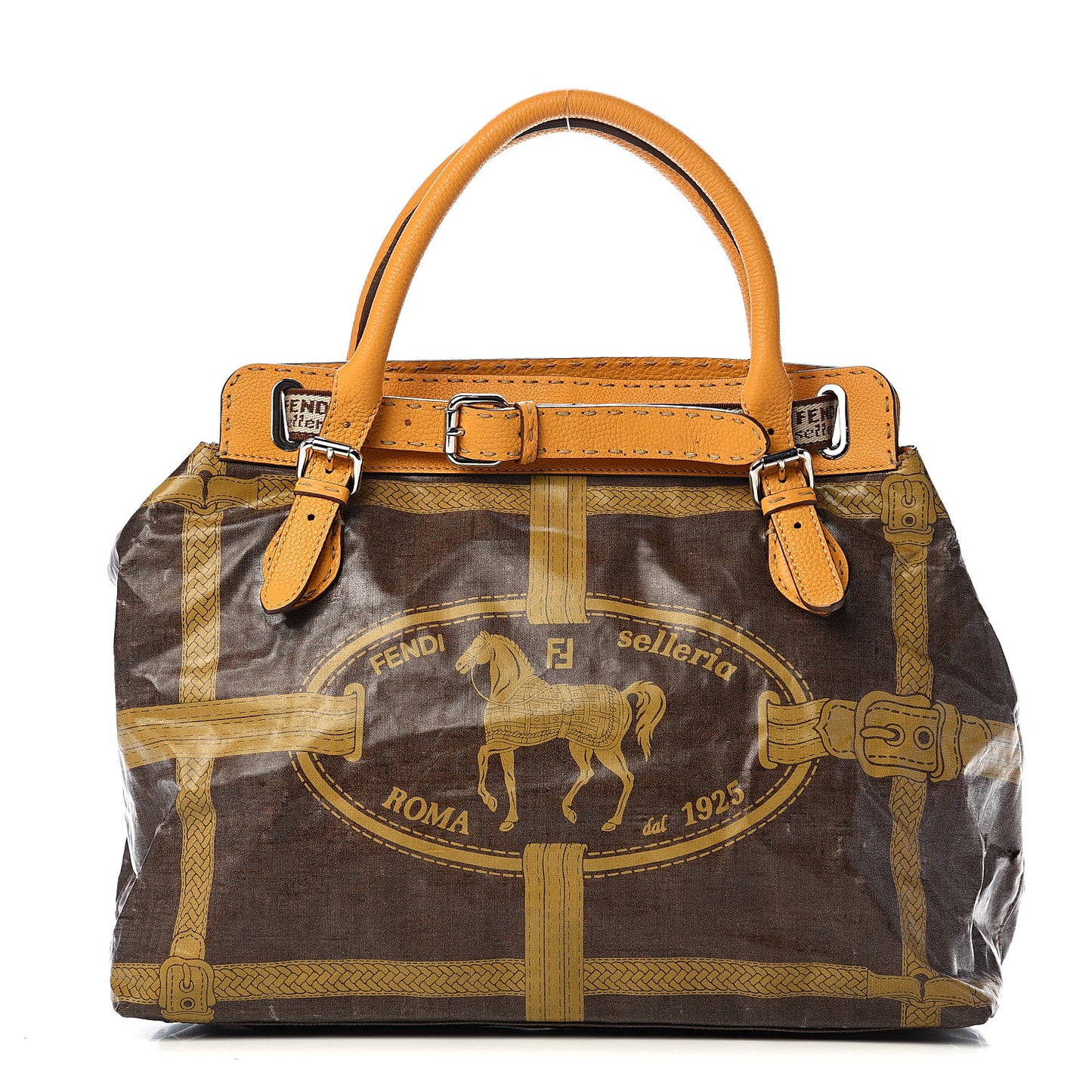 Coated Linen Calfskin Romano Selleria Villa Borghese Equestrian Satchel Ocra