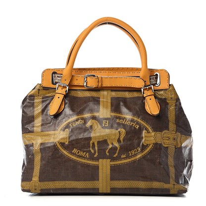 Fendi Coated Linen Calfskin Romano Selleria Villa Borghese Equestrian Satchel Ocra 1 of 12