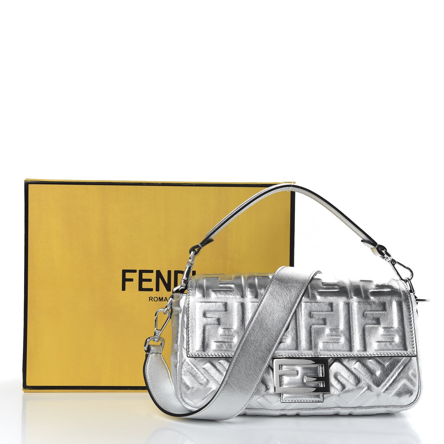 Fendi Vitello Catalan Mirror FF 1974 Embossed Baguette Argento 10 of 10