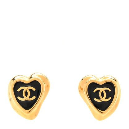 Chanel Metal Resin CC Heart Earrings Gold Black 1 of 5