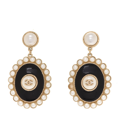 Chanel Pearl Enamel CC Oval Drop Earrings Gold Black 1 of 5