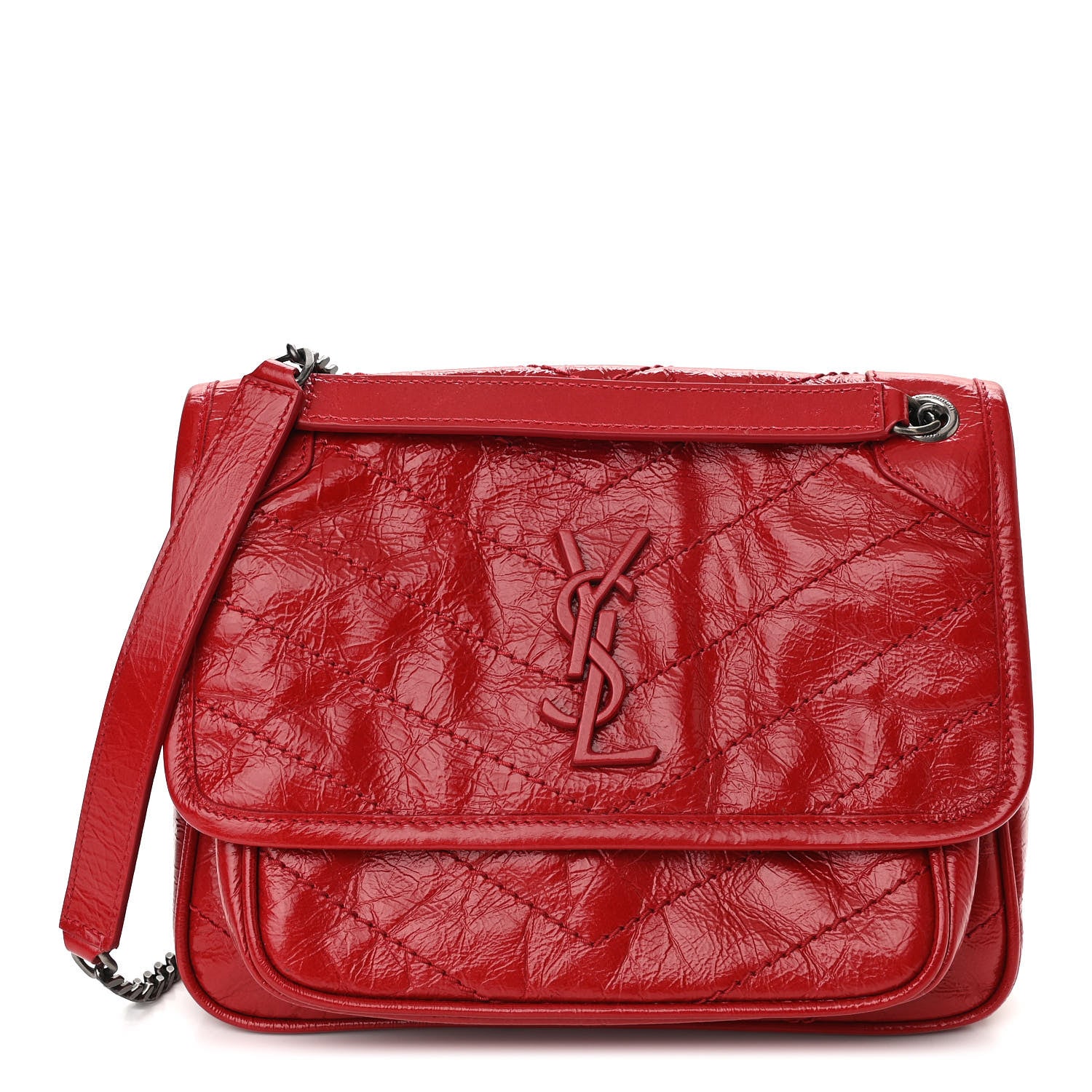 Saint Laurent Crinkled Calfskin Matelasse Monogram Baby Niki Chain Satchel Rouge Eros 1 of 10