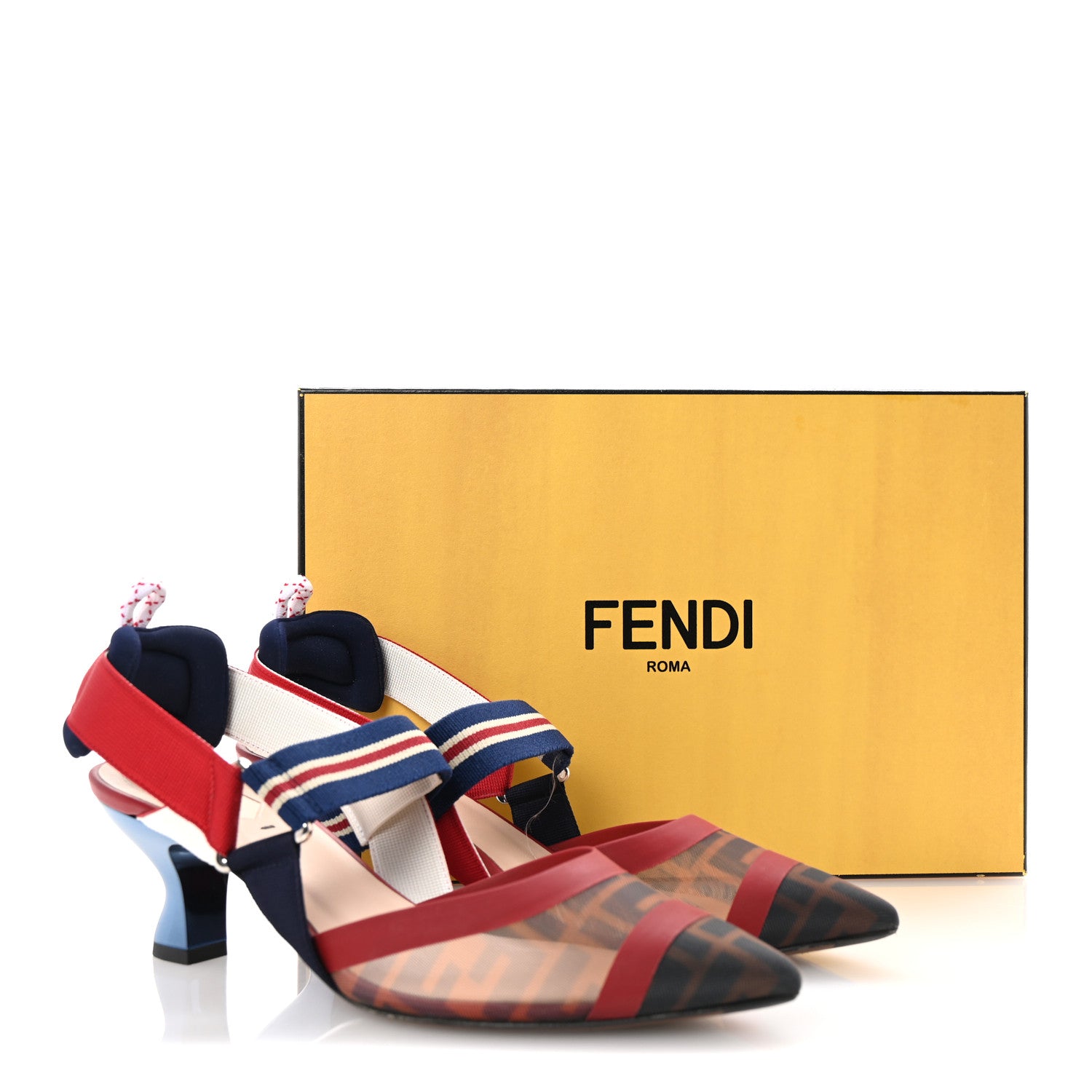 Fendi Technical Mesh FF Colibri 55mm Slingback Pumps 39 Tobacco Moro Zaffiro Ciliegia Rosso 9 of 9