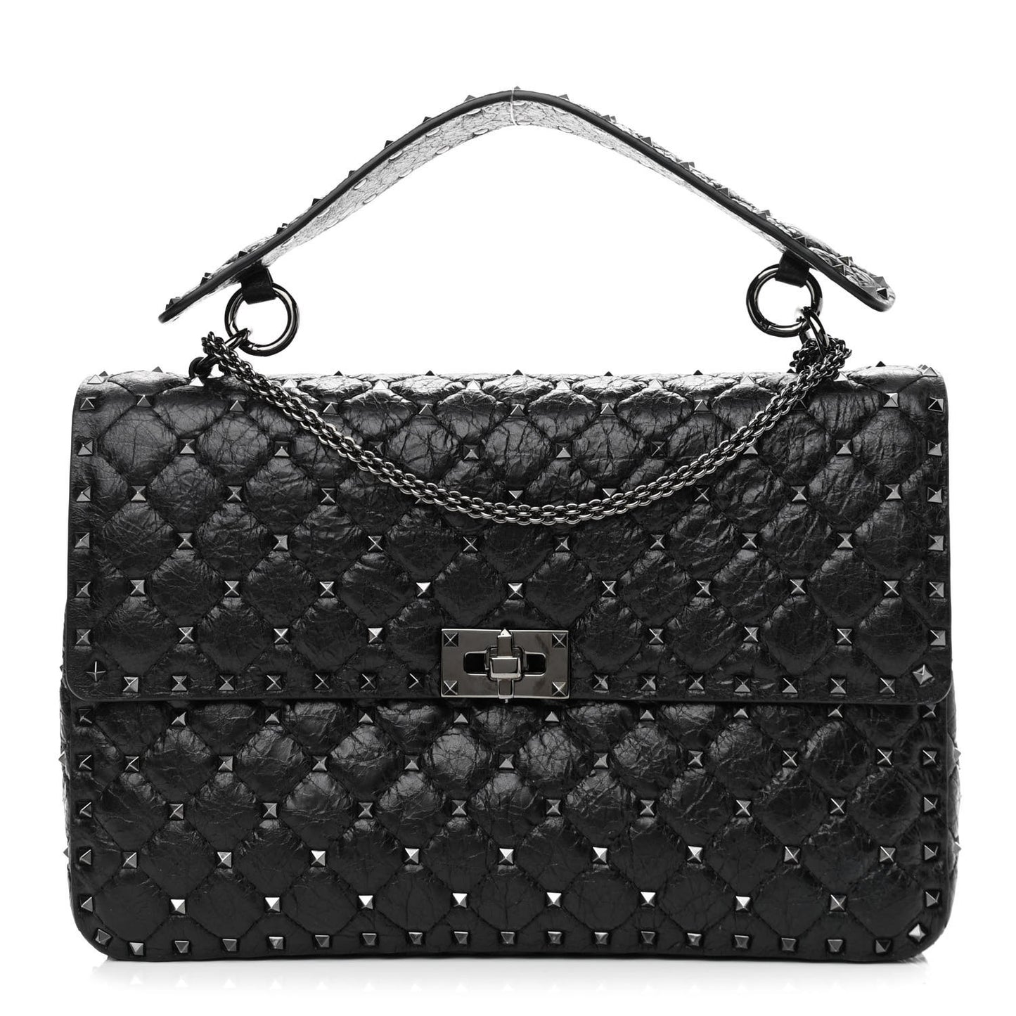 Craquele Nappa Large Rockstud Spike Shoulder Bag Black