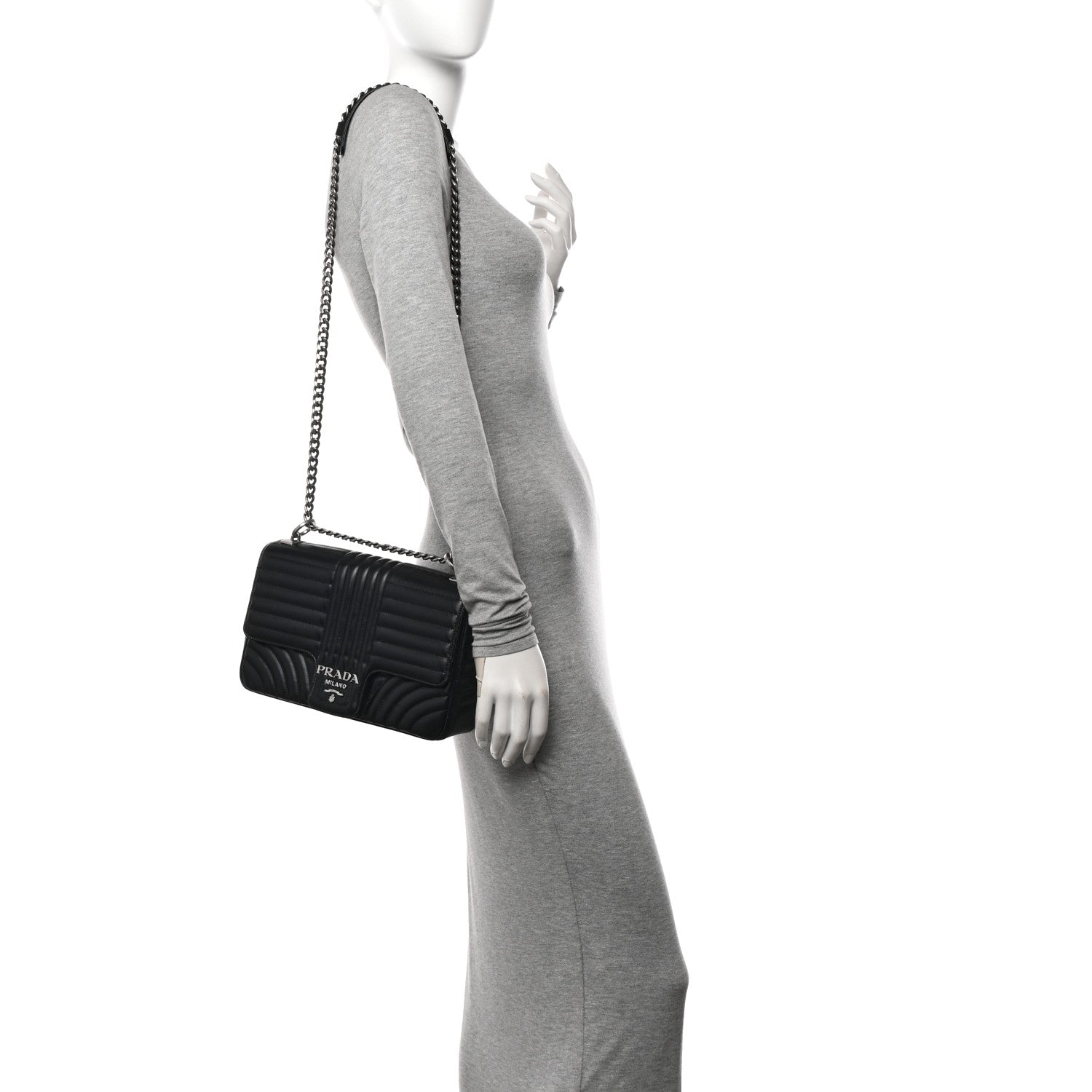 Prada Soft Calfskin Impunture Diagramme Large Chain Flap Shoulder Bag Black 2 of 12